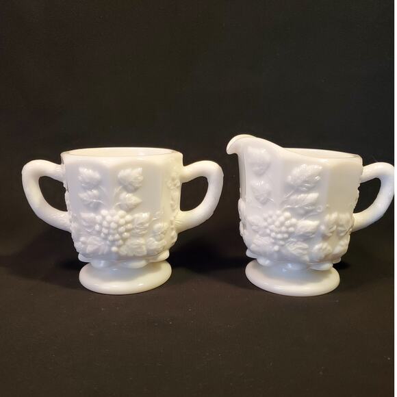 Vintage Westmoreland Milk Glass Cream n Sugar in Paneled Grape - Picture 1 of 13
